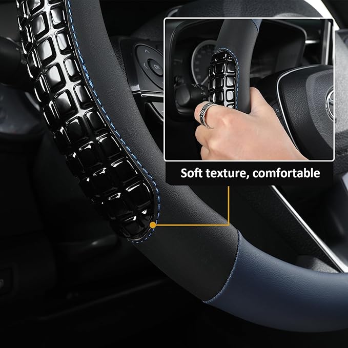 West Llama Nappa Leather Car Steering Wheel Cover Gel Massage,Cool in Summer,Universal 15 inch(Blue+Black-Standard Size)