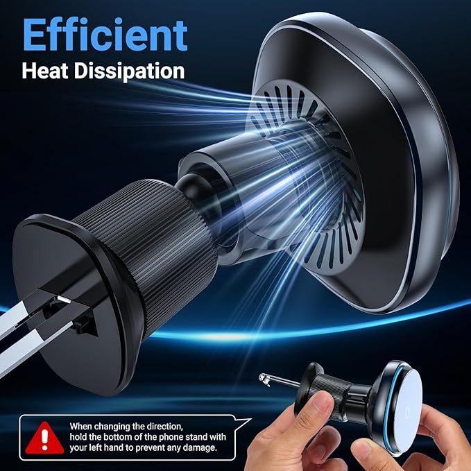 This Hill 15W Fast Magnetic Car Phone Mount - 2-in-1 Dashboard/Air Vent Mount with 360° Rotation & Secure Double Hook Clip, Includes QC 3.0 Adapter, Compatible with MagSafe Case,iPhone,Samsung,Google