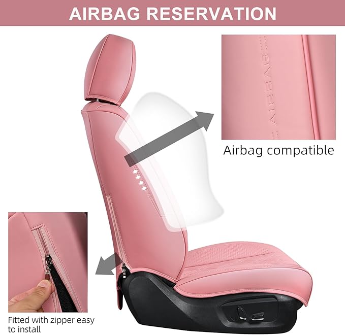 Pink Car Seat Covers Full Set, Breathable Leather Automotive Front and Rear Seat Covers & Headrest, Universal Automotive Vehicle Seat Cover for Most Sedan SUV Pick-up Trucks