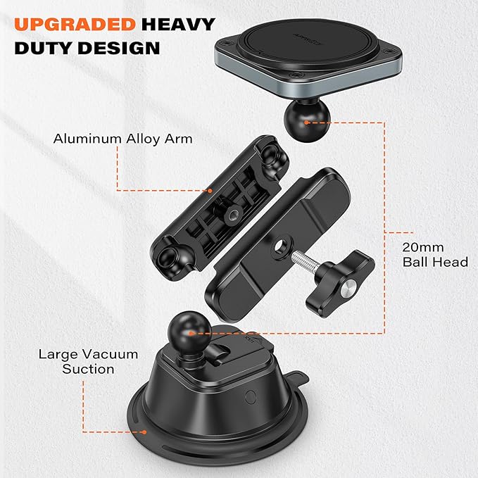 APPS2Car Heavy-Duty Vacuum Suction Phone Mount [Industrial 20x N55 Magnet, Alloy Arm, Ultra-Stable Suction Cup] for iPhone MagSafe/Samsung/All Phone, Magnetic Phone Holder for Car Windshield Dashboard
