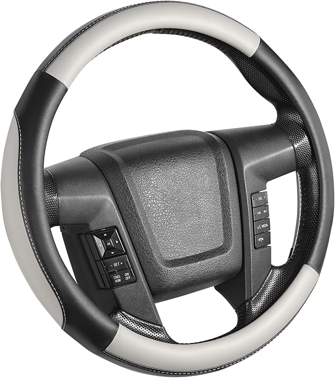 SEG Direct Car Steering Wheel Cover Large Size for F150 F250 F350 Ram 4Runner Tacoma Tundra Range Rover with 15 1/2 inches-16 inches Outer Diameter, Black and Gray Microfiber Leather