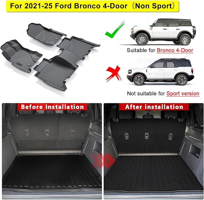 Floor Mats & Trunk Mat for 2021-2024 2025 Ford Bronco 4 Door Cargo Mat Cargo Liner All Weather Seat Cover Protector for Bronco Accessories (Non Sport or 2 Door Model)