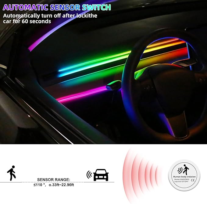 Dreamcolor Acrylic Interior Car LED Strip Light with 60S Motion Sensor Switch &USB Hub, 55.1 inches Neon LED Strip Light, RGB Colors Ambient Lighting Kits