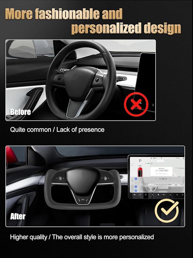 ZIMABLUE Yoke Black Steering Wheel for Tesla Model 3 (2017–2023) & Model Y (2020–2024) | Heated | Nappa Leather | Hand-Stitched|Without Positioning line