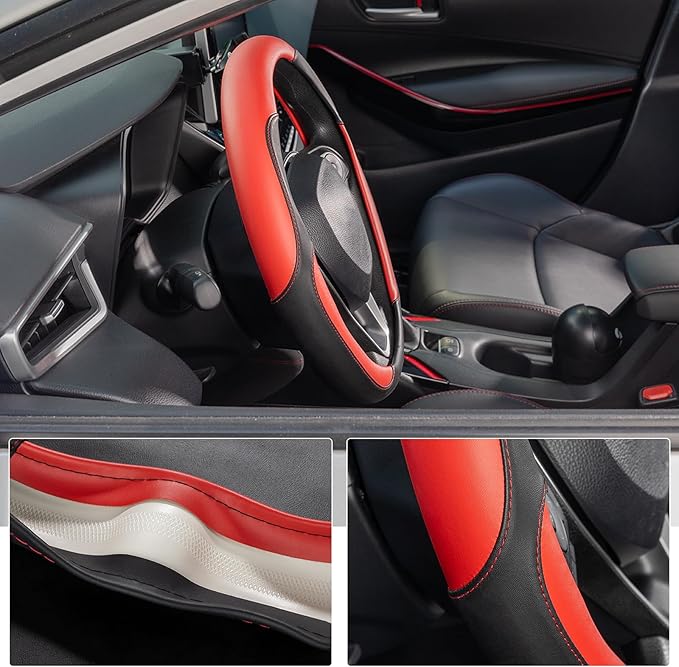 SEG Direct Car Steering Wheel Cover for Women Men, Standard Size 14.5-15 inch (37-39 cm), Auto Interior Accessories, Black and Red