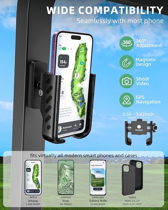 Golf Cart Phone Holder, 360° Adjustable Universal Golf Magnetic Phone Mount Compatible with iPhone Google Pixel EZGO Club Car Yamaha Icon Golf Cart Accessories Golf Gifts for Friend Men Husband Dad