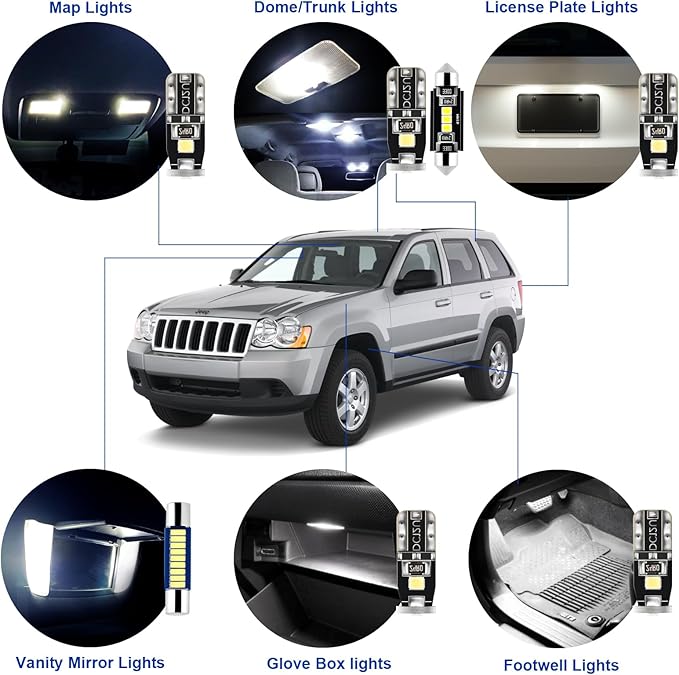 EASY EAGLE LED Interior Car Lights for Grand-Cherokee-1999-2010: 14 Piece Kit White LED Light Bulbs - Super Bright 6000K + Install Tool