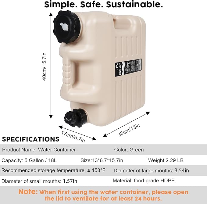 5 Gallon Water Jug, Camping Water Container BPA Free Water Storage with Spigot No Leakage Portable Emergency Water Tank for Outdoor Hiking Camping Picnic Supplies Beige
