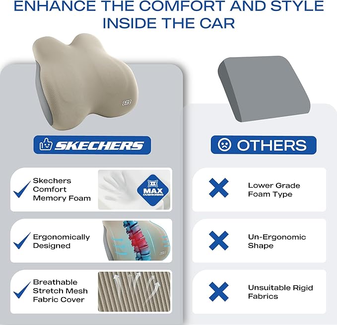 Skechers Memory Foam Lumbar Pillow,Lumbar Support Pillow for Office, Chair Lower Back Pain Relief Lumbar Pillow, Ergonomic Design Back Support Pillow for Office Chair, Car, Home, Travel,Beige