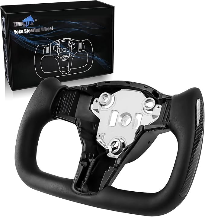 ZIMABLUE Yoke Steering Wheel Personalized Yoke Steering Wheel, Nappa Leather with Side Glossy Carbon Fiber without Front Trim for Tesla Model 3 2017-2023, Model Y 2019-2024 With Heating Function