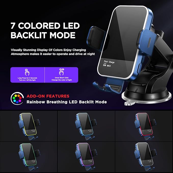 Wireless Car Charger,【7 Colored LED Backlit】15W Auto Clamping Car Charger Phone Mount Holder fit for iPhone 14 13 12 Mini Pro Max 11 XR XS X, Samsung Galaxy S23 Ultra S22 S21+ S10+ Note 20, etc - Blue