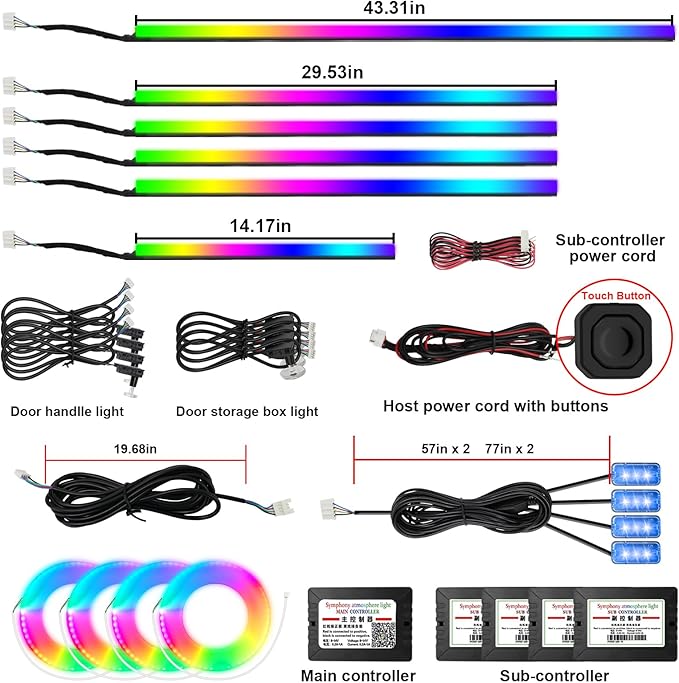 Acrylic Interior Car Light, AMKI Car LED Strip Light with APP Sub Control, Car Accessories Fiber Optic Car Ambient Light Kit with RGB Dreamcolor 22 in 1 and 175 inches 593 LEDs 213 DIY and Music Modes