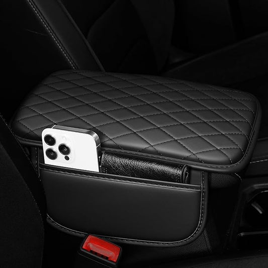 Car Armrest Cover Fit for Acura RLX Leather Center Console Cover Cushion with 2 Storage Bags(Black)