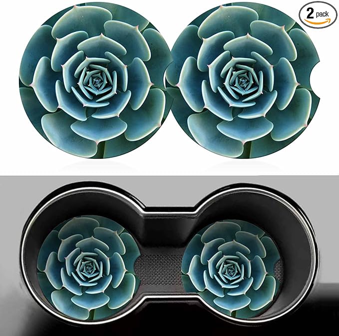 Green Plant Car Coasters for Cup Holders Cute Plump Rustic Car Cup Holder Coasters 2 Pack for Car, Anti Slip Ceramic Car Cup Mat with Finger Notch Cute Car Interior Accessories for Women Men