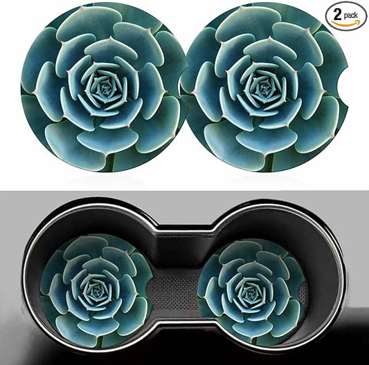 Green Plant Car Coasters for Cup Holders Cute Plump Rustic Car Cup Holder Coasters 2 Pack for Car, Anti Slip Ceramic Car Cup Mat with Finger Notch Cute Car Interior Accessories for Women Men