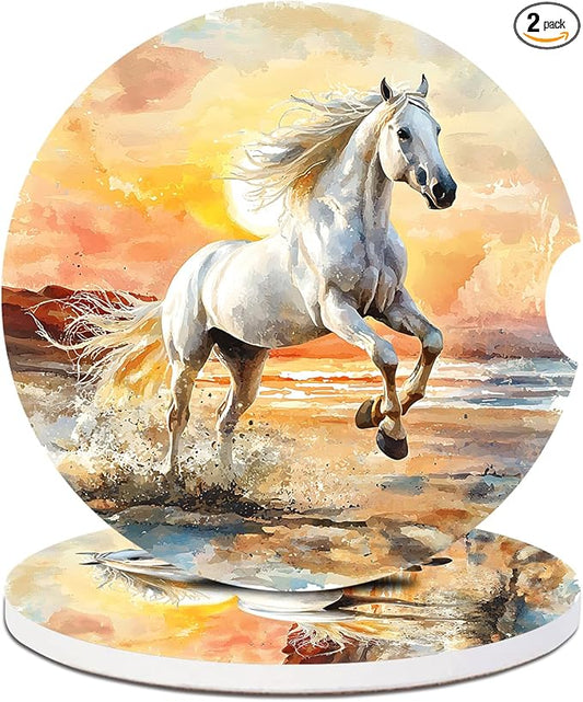 2 Pack Car Cup Holder Coaster-White Horse Running Absorbent Ceramic Coaster, Car Coasters for Cup Holders,Auto Accessories for Women & Men