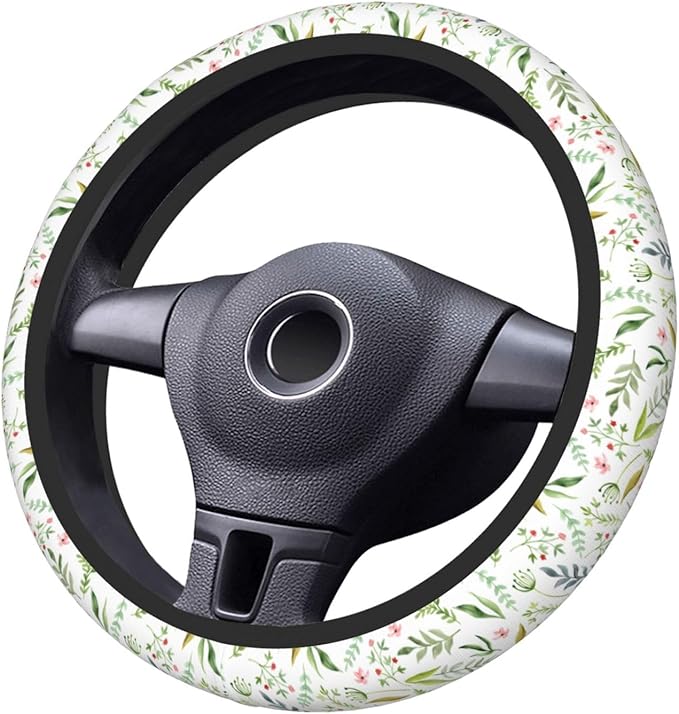 Flowers Leaves Steering Wheel Cover for Women Elastic Rubber Steering Wheel Universal 15 Inch Fit for Cars, Auto, SUVs