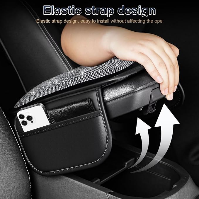 YORKNEIC Bling Center Console Cover Fit for Ford Fusion: Armrest Cover with 2 Storage Pockets, Crystal Rhinestone Car Arm Rest Cover Pad Design for Protection(Silver Diamond)