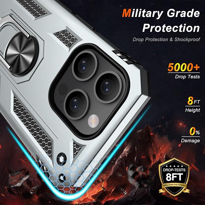 IKAZZ for iPhone 14 Pro Max Case 6.7 Inch with Screen Protector,Military Grade Shockproof Heavy Duty Protective Phone Cover Pass 16ft Drop Test with Magnetic Kickstand Car Mount Holder,Silver