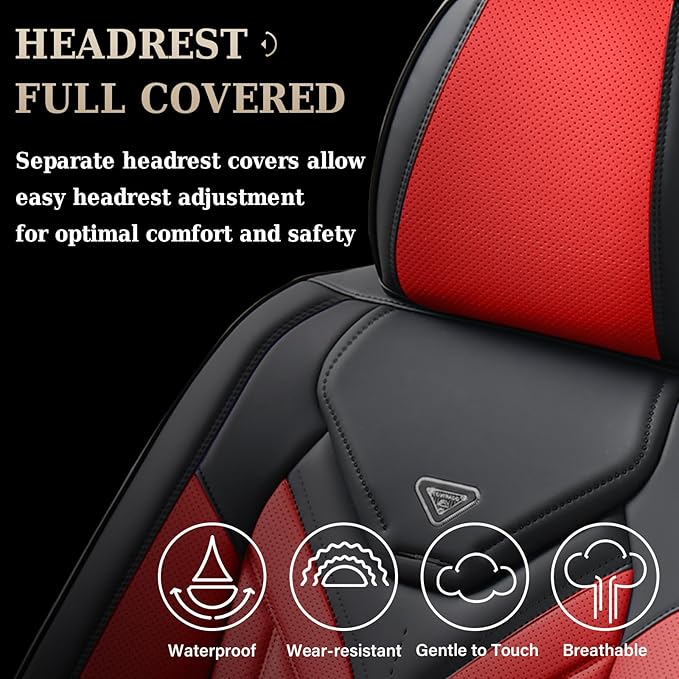 Coverado Car Seat Covers Full Set, Automotive Seat Covers Car Seat Protector Car Seat Cushion, Waterproof Leather Seat Covers for Cars, Universal Fit for Most Sedans SUV Pick-up Truck(Black&Red)