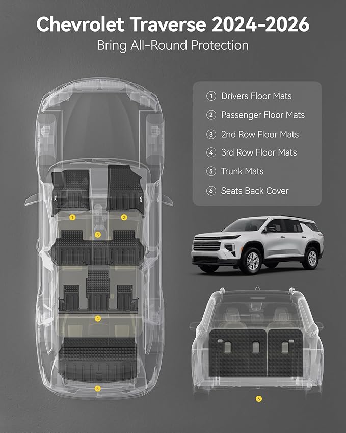 3W Floor Mats & Seat Back Mats & Cargo Liner for Chevrolet Chevy Traverse & GMC Acadia 2024-2026 (Only 7 Seats) & Buick Enclave 2025-2026, All Weather TPE Custom Fit Full Set Floor Liners