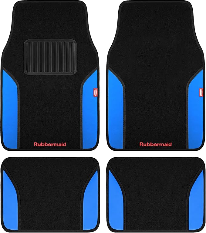 Rubbermaid Car Mats, Carpeted Floor Car Mat with Faux Leather & Built-in Heel Pad, Two-Tone Car Rug Floor Mats, Stylish Carpeted Floor Mats for Cars, Trucks & SUVs Blue Color