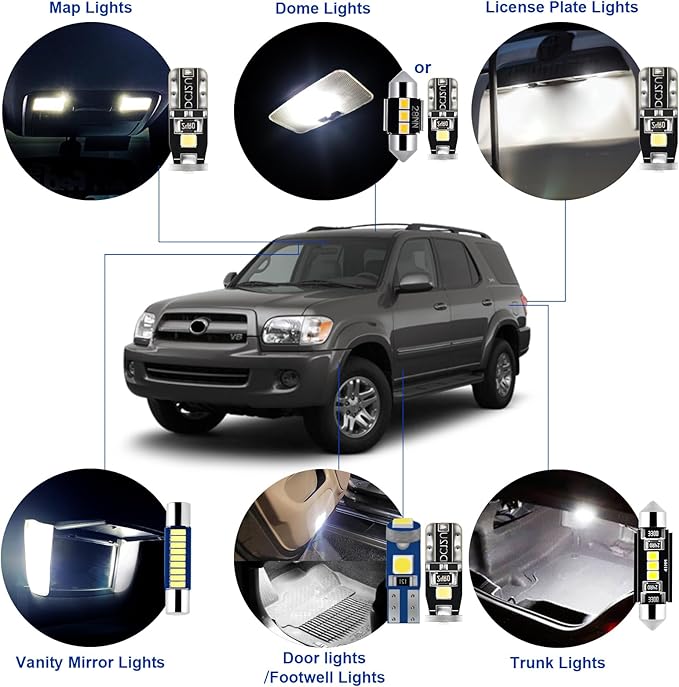 EASY EAGLE Interior Car Lights for Toyota-Sequoia-2001-2007: 18 Piece Kit White Light Bulbs - Super Bright 6000K + Install Tool