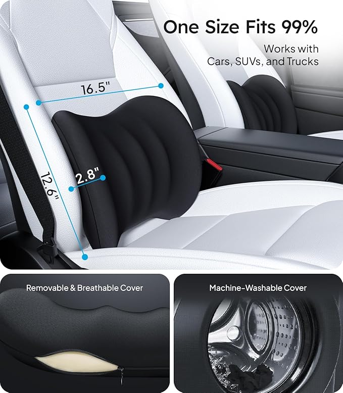 Wigoo 2025 Lumbar Support Pillow for Car [Ergonomic Design, Pressure Relief] Back Cushion for Driving Seat, Back Support Pillow for Car-Office Chair, Fits All Vehicles (Black 2-Pack)