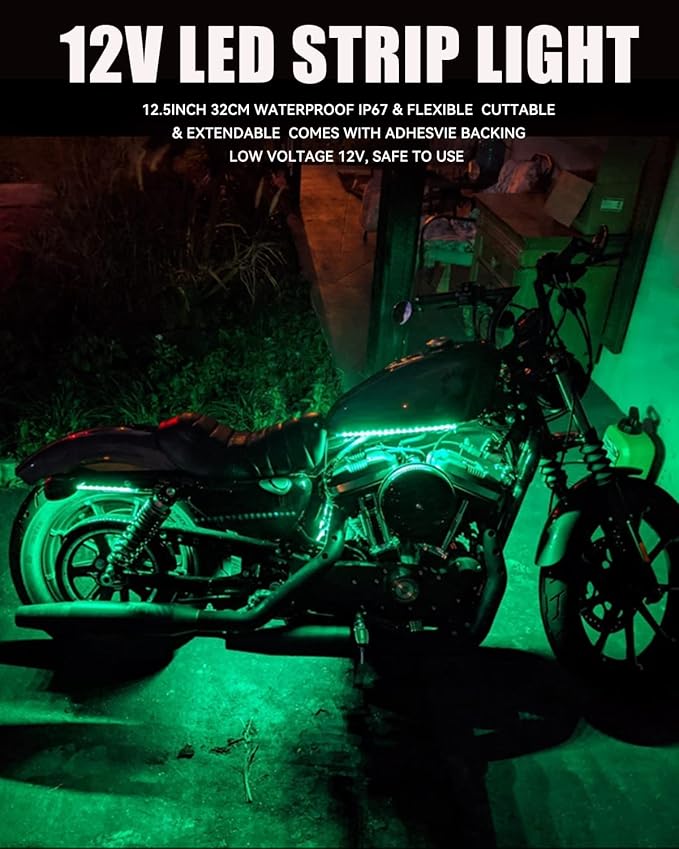 12V Led Light Strip 32CM Waterproof Green Led Strip Lights for Cars Motorcycles Golf Cart Interior & Exterior Marine Boat 12V 5050 18SMD,Pack of 4