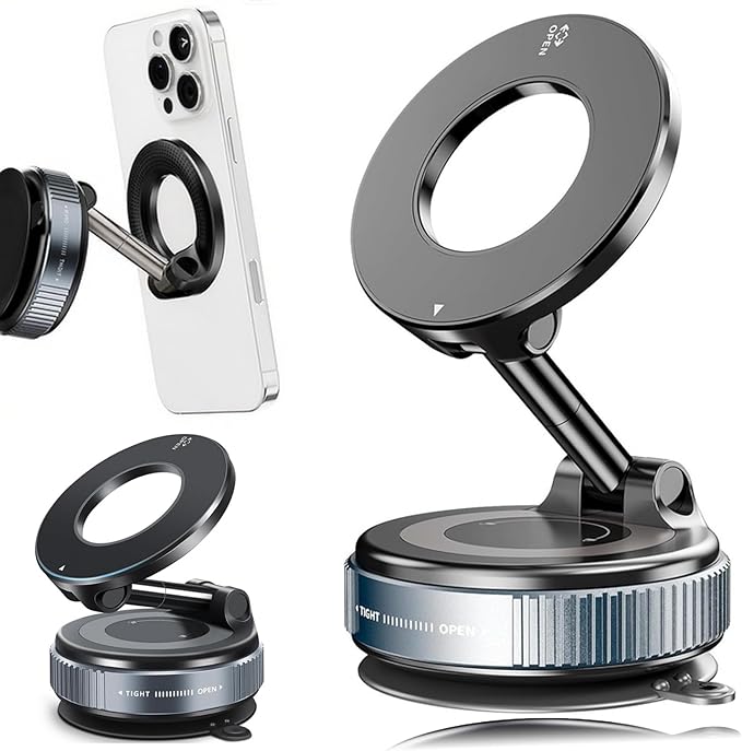 Upgraded 360° Vacuum Magnetic Suction Cup Phone Holder, Foldable and Reinforced Ultra Suction Cup Phone Mount, Compatible with All Smartphones for Car/Gym/Mirror/Smooth Surface (Black)