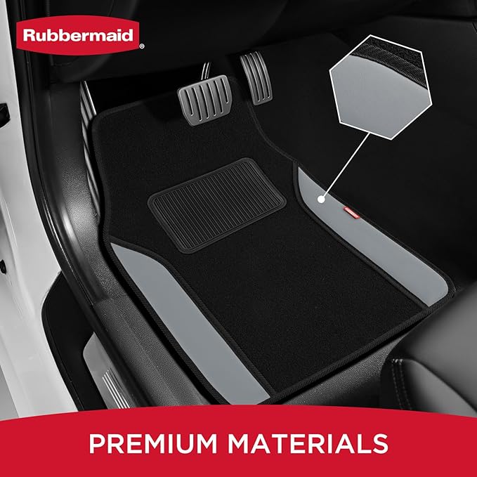 Rubbermaid Car Mats, Carpeted Floor Car Mat with Faux Leather & Built-in Heel Pad, Two-Tone Car Rug Floor Mats, Stylish Carpeted Floor Mats for Cars, Trucks & SUVs Gray Color