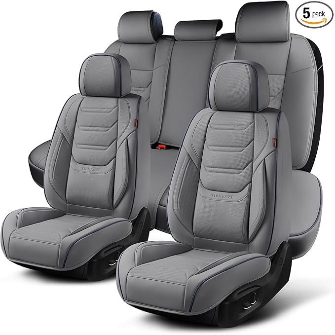 Leather Car Seat Covers Full Set with Lumbar Support, Breathable and Waterproof Car Seat Cover, Universal Seat Covers for Cars, Trucks, SUVs, Sedans, Airbag Compatible, Gray