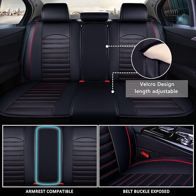 otoez Car Seat Covers Full Set, 5 Seats Faux Leather Seat Covers for Cars, Waterproof Automotive Front & Rear Seat Cushion Protector Interior Covers for Most Cars Sedans Trucks SUVs, Black & Red