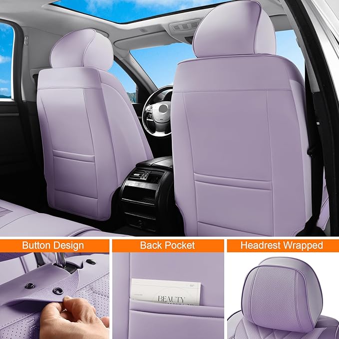 Purple Car Seat Covers Full Set, Waterproof Luxury Leather Purple Seat Covers for Women, Non-Slip Front & Rear Seats Cover Sets Universal Fit for Most Cars SUVs Trucks