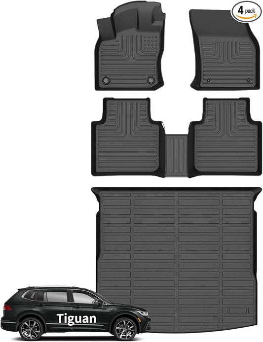 Wayhigh® Floor Mats & Cargo Liner for Volkswagen Tiguan 2018 2019 2020 2021 2022 2023 2024 All Weather TPE Car Mats Cargo Mat Waterproof Anti-Slip Floor Liners VW Tiguan Accessories- Black