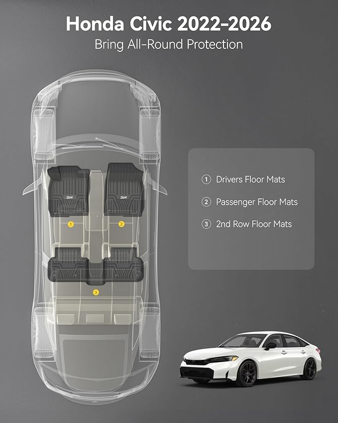 3W Floor Mats Fit for 2022-2026 Honda Civic & Acura Integra 2023-2025(Not Fit Hybrid/Manual), Custom Fit Floor Liner for 1st 2nd Row Full Set TPE All-Weather Car Liners Black