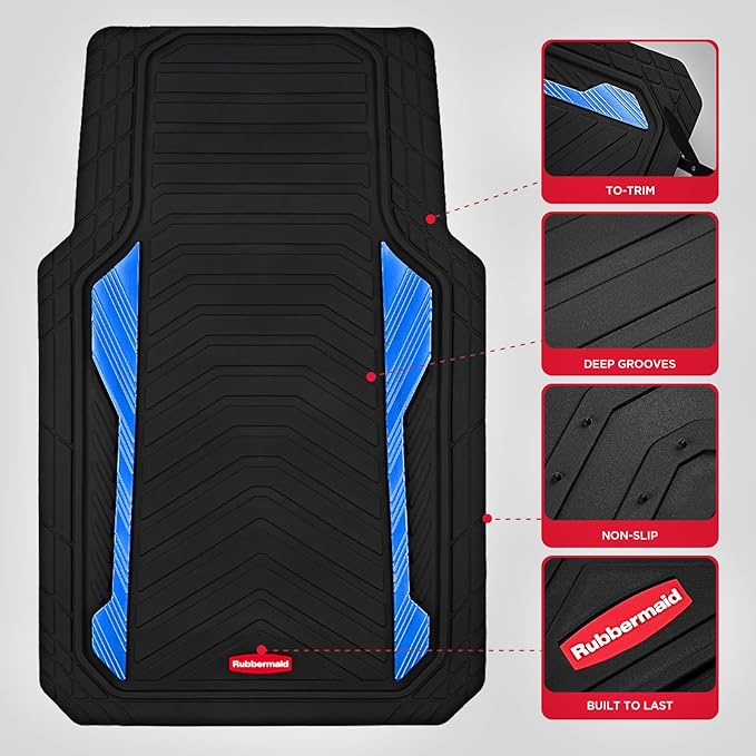Rubbermaid Car Floor Mat, Heavy Duty All-Weather Car Mats Full Set with Dual-Tone Blue Aluminum Inserts – Universal Fit, Anti-Slip Backing, Trim-to-Fit for Most SUV, Sedan, Van