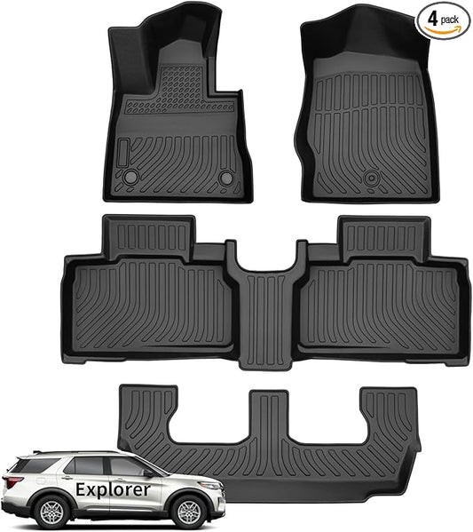 Wayhigh-All Weather Floor Mats Fit for 2020-2025 Ford Explorer 7 Seats TPE Car Mats Waterproof Heavy Duty Rubber Floor Liners for Explorer Accessories Custom Fit Black Liners