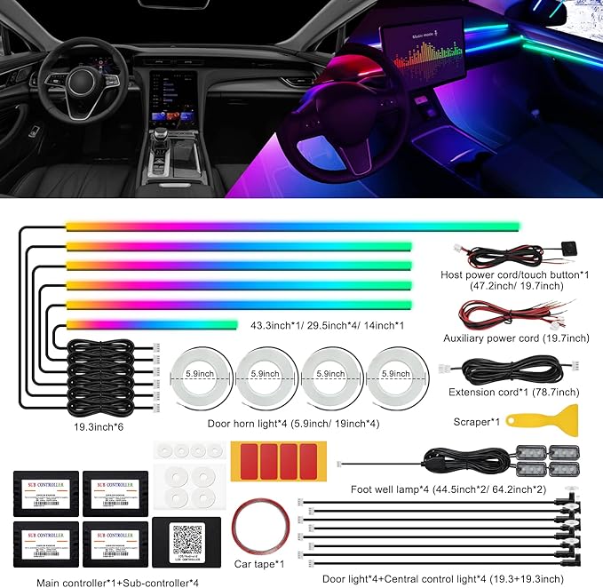 Dreamcolor Acrylic Interior Car LED Strip Light with Wireless APP, RGB 22 in 1 with 175 inches 593 LEDs Fiber Optic Ambient Lighting Kits, 16 Million Colors Sound Active Function Car Neon Lights