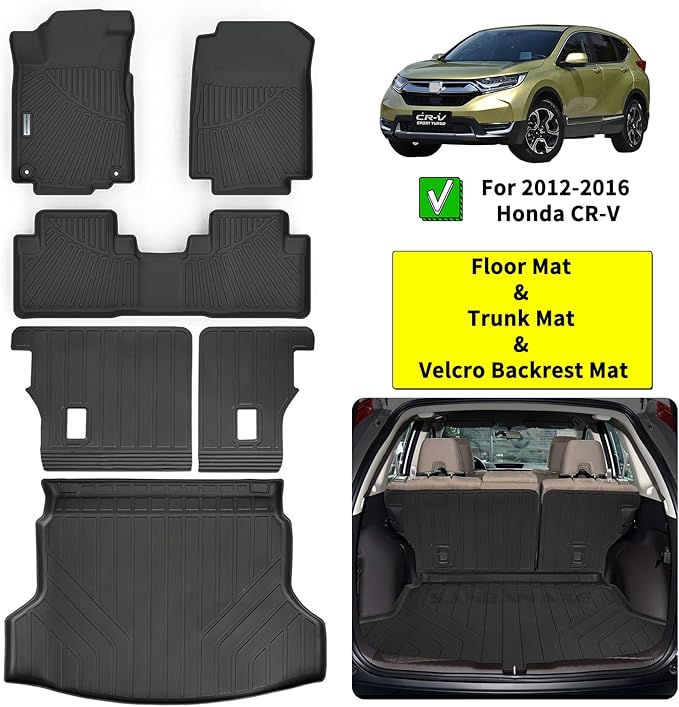 Floor Mats & Trunk Mat & Backrest Mat for 2012-2015 2016 Honda CR-V TPE All Weather Protection 2 Rows Car Mats with Velcro Rear Seats Backrest(Not Fit CRV Touring & EX-L)
