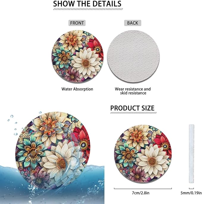 Hippie Blossom Lotus Car Interior Decor for Women 6 Pcs Flower Print Steering Wheel Cover Cup Coaster Handbrake Gear Cover Suit for Most Cars Truck Vans SUV