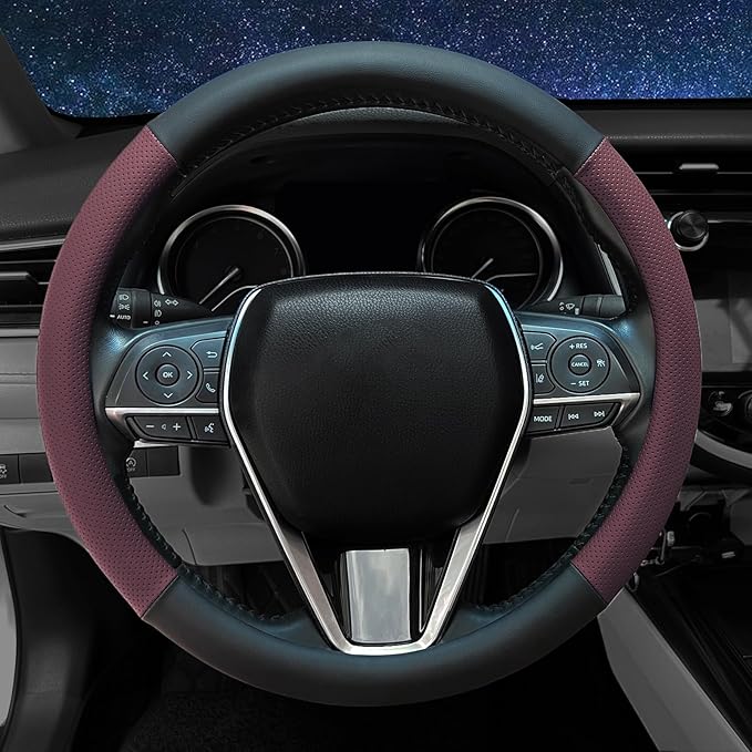 Steering Wheel Cover Standard Size 14.5-15 inch, Non-Slip Car Wheel Cover Protector, Breathable Microfiber Leather, Black and Burgundy