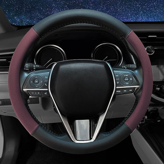 Steering Wheel Cover Standard Size 14.5-15 inch, Non-Slip Car Wheel Cover Protector, Breathable Microfiber Leather, Black and Burgundy