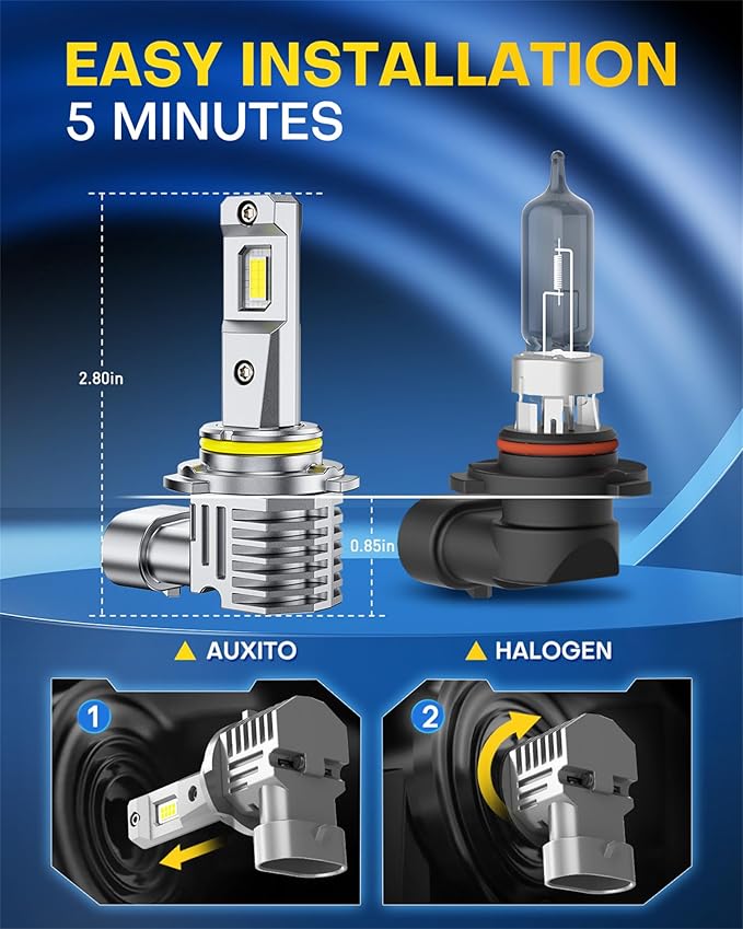 AUXITO 9005/9006 Bulb, 1000% Brighter, 1:1 Mini Size No Adapter Needed, 5 Min Quick Install, No Flicker, 99% Compatibility, Pack of 4