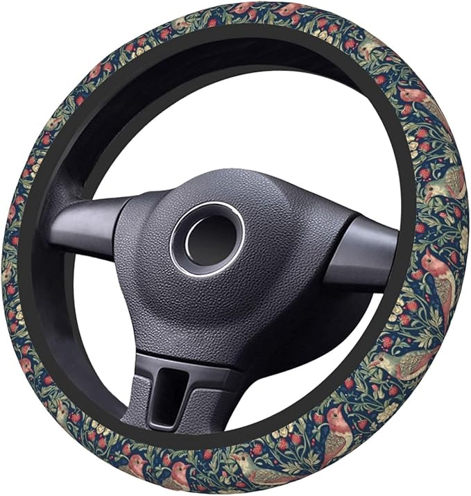 Red Birds Strawberry Flowers Steering Wheel Cover for Women Girls, 15 Inches Anti-Slip Steering Wheel Cover for Auto Truck SUV