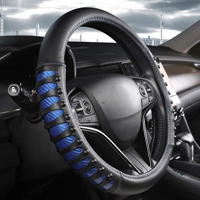 West Llama Microfiber Leather Car Steering Wheel Cover for Men Women,Universal Fit 14.5-15 inch(Leather Nails-Blue+Black-Standard Size)