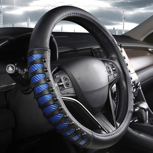 West Llama Microfiber Leather Car Steering Wheel Cover for Men Women,Universal Fit 14.5-15 inch(Leather Nails-Blue+Black-Standard Size)