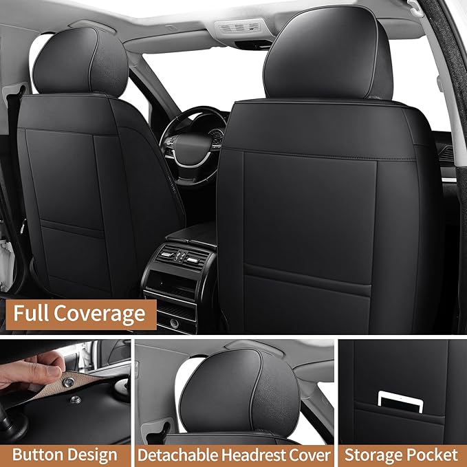 Leather Car Seat Covers Full Set Breathable Automotive Seat Covers Waterproof Seat Protectors Universal Fit for Most Automotive Cars SUV Trucks Van (Black, Full Set)