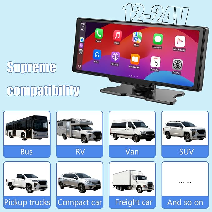 10.26″ Wireless Apple CarPlay & Android Auto Touchscreen – Portable Car Dashboard with 4K Front DVR, 1080P Rear Camera, GPS Navigation, Loop Recording, Mirror Link, Voice Control