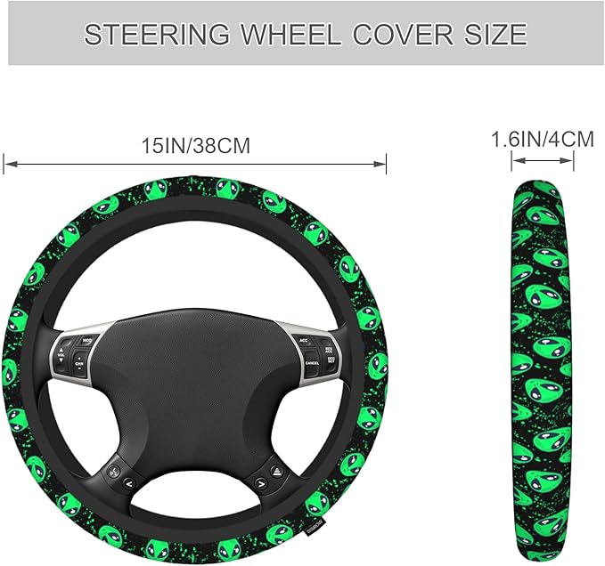 Green Alien Steering Wheel Cover - 15 Inch Universal Car Wheel Cover for Auto, Truck, Vans